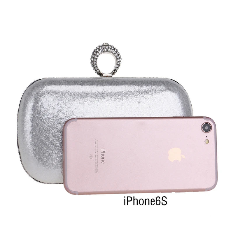 Fashion Finger Ring Women Metal Clutch Bags Diamonds Satin Chain Shoulder Rhinestones Party Handbags Retro Golden Purse