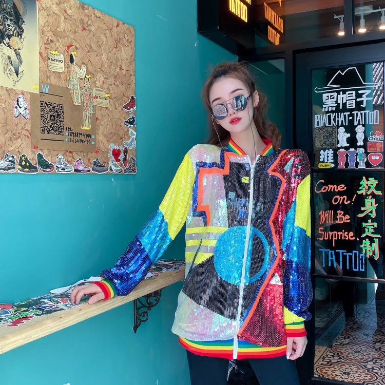 Sequined Cartoon Print New Female Spring And Autumn Korean Loose Fashion Outerwear Coats Long Sleeved Hip Hop Jackets 341 B One Size