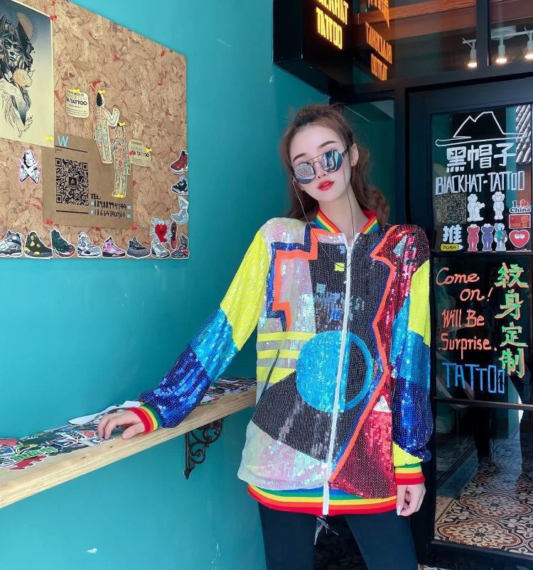 Sequined Cartoon Print New Female Spring And Autumn Korean Loose Fashion Outerwear Coats Long Sleeved Hip Hop Jackets 341 B One Size