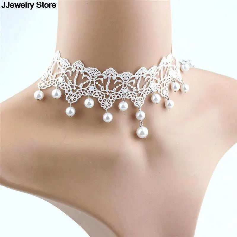 Fashion Elegant Vintage Imitation Pearl White Lace Statement Choker Necklaces Bridal Jewelry For Women Wedding Silver