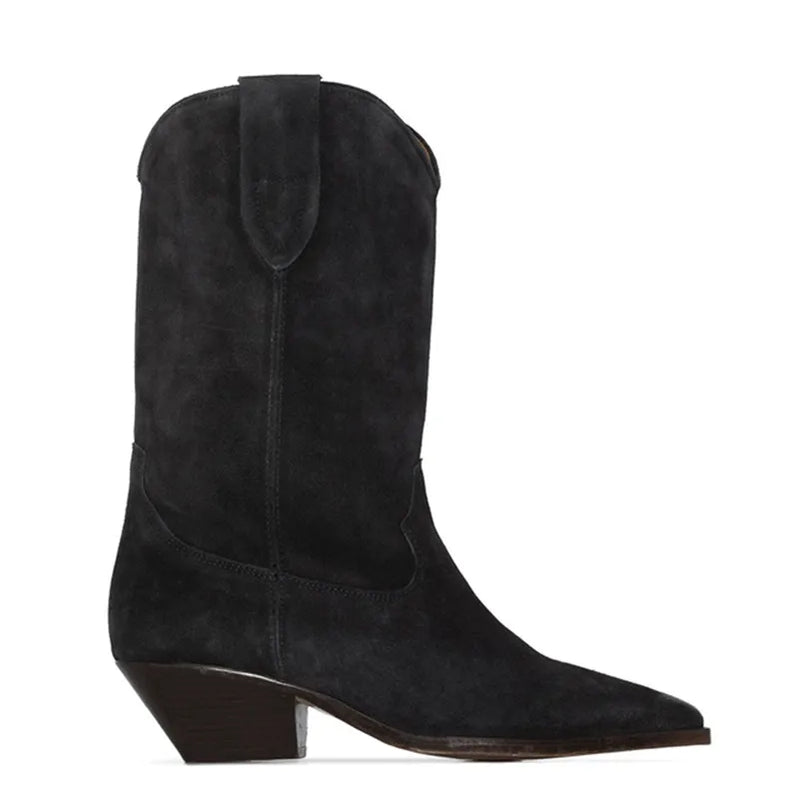 Nude Suede Embroidered Mid-Calf Boots Women Designer Shoes Thick Heel Pointed Toe Cowboy Boots for Women Knight Botas Femininas