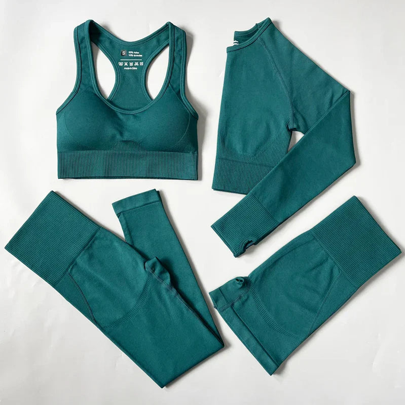 2/3/4PCS Seamless Women Yoga Set Workout Sportswear Gym Clothes Fitness Long Sleeve Crop Top High Waist Leggings Sports Suit 4pcs Set Green