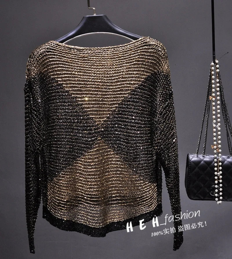 Hollow-out Sequins Loose Knit Set of Head Light Silk Top Long-sleeved Round Collar Thin Gown