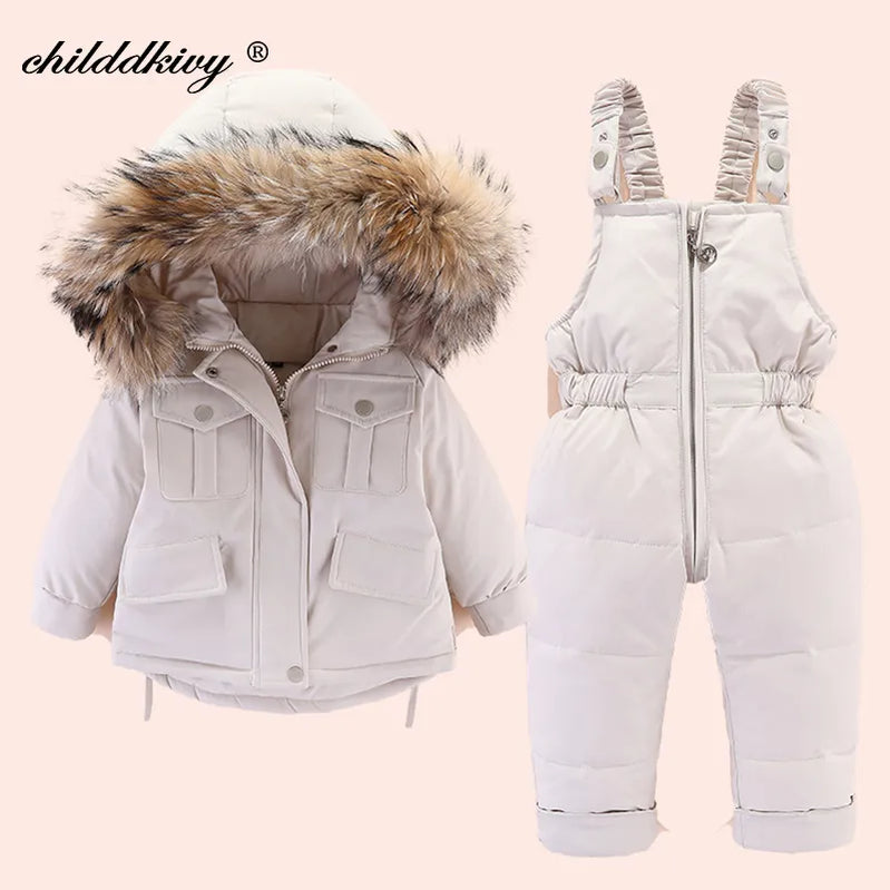 2pcs Set Children Winter Down Jacket and Jumpsuit for Baby Thicken Jacket for Girls Coat Warm Real Fur Collar Boys Snowsuit 0-4Y beige