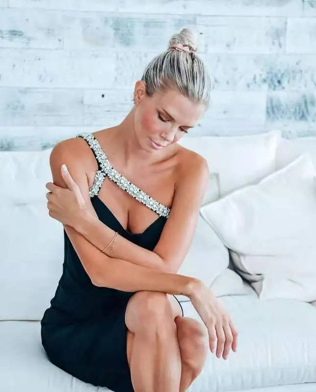 Red Blue Black One Shoulder Sparkly Beading Rayon Bandage Dress Elegant Cocktail Party Dress Vestidos