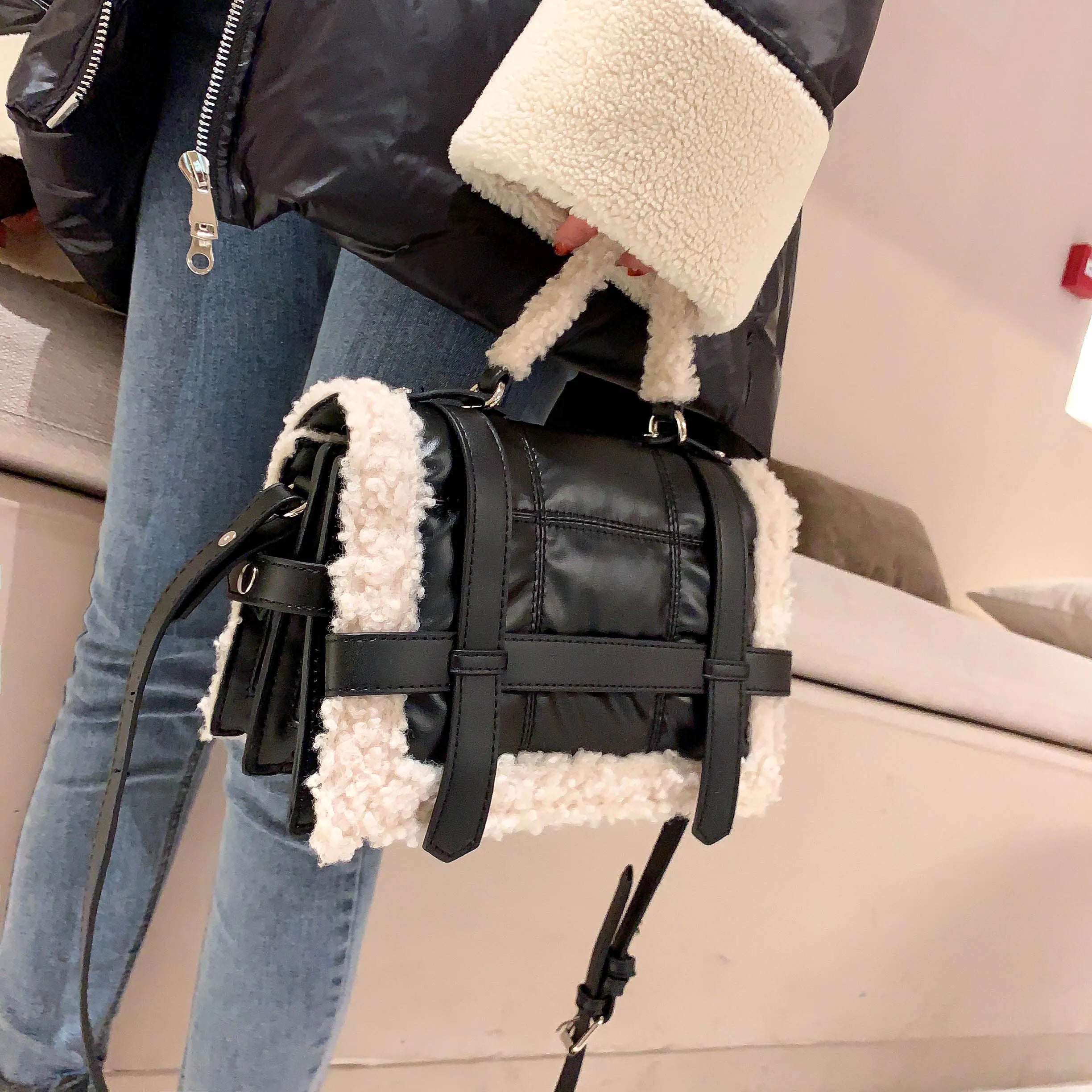 fashion lambswool quilted women handbags design brand shoulder bags luxury pu leather space padded crossbody messenger bag