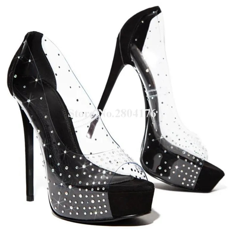 Bling Bling Women Peep Toe Clear PVC Rhinestone High Platform Stiletto Heel Sandals Gold Nude Black Transparent Crystal Sandals