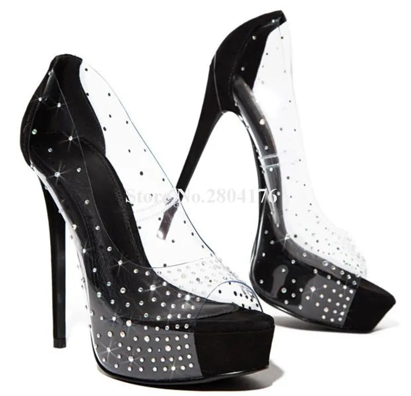Bling Bling Women Peep Toe Clear PVC Rhinestone High Platform Stiletto Heel Sandals Gold Nude Black Transparent Crystal Sandals