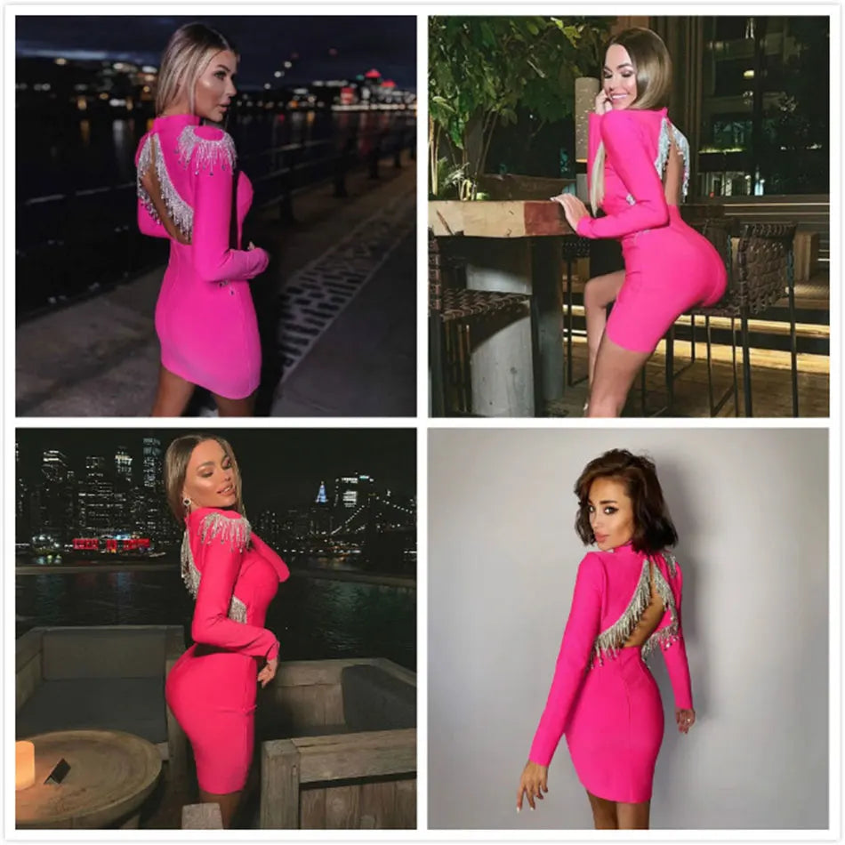 High Quality Black Women Bandage Dress High Neck Long Sleeve Sexy Halter Beaded Tassel Dress Bodycon Dress Club Party Dresses