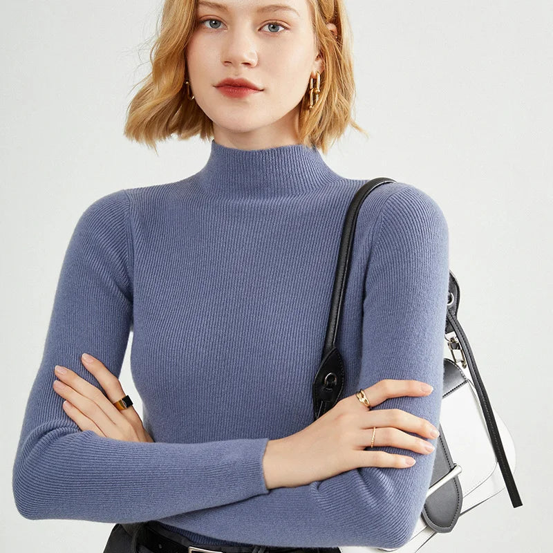 Cashmere sweater women Autumn and winter Half turtleneck cashmere jumpers knit female long sleeve Slim pullover Haze blue