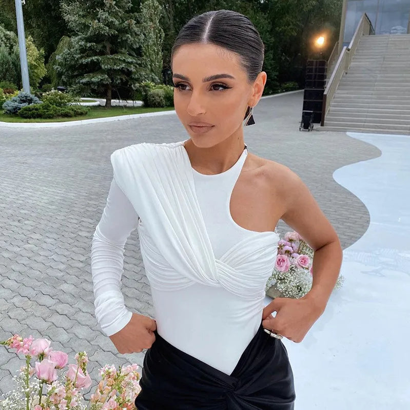 Elegant Office Lady One Shoulder Skinny Bodysuit for Women Jumpsuit Sexy Cut Out Rompers Sexy One Piece Female Overalls White