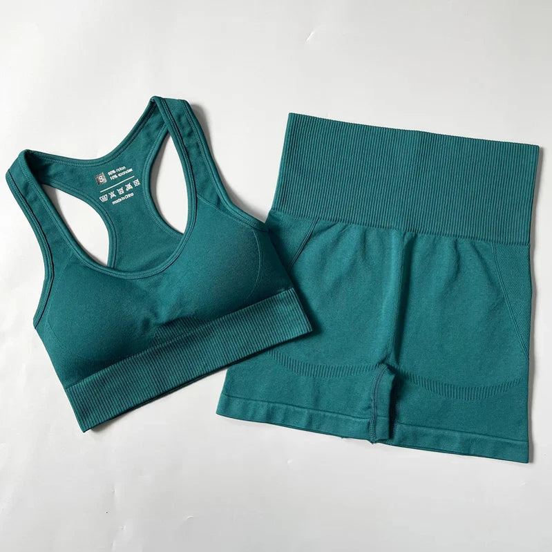 2/3/4PCS Seamless Women Yoga Set Workout Sportswear Gym Clothes Fitness Long Sleeve Crop Top High Waist Leggings Sports Suit Bra shorts Green
