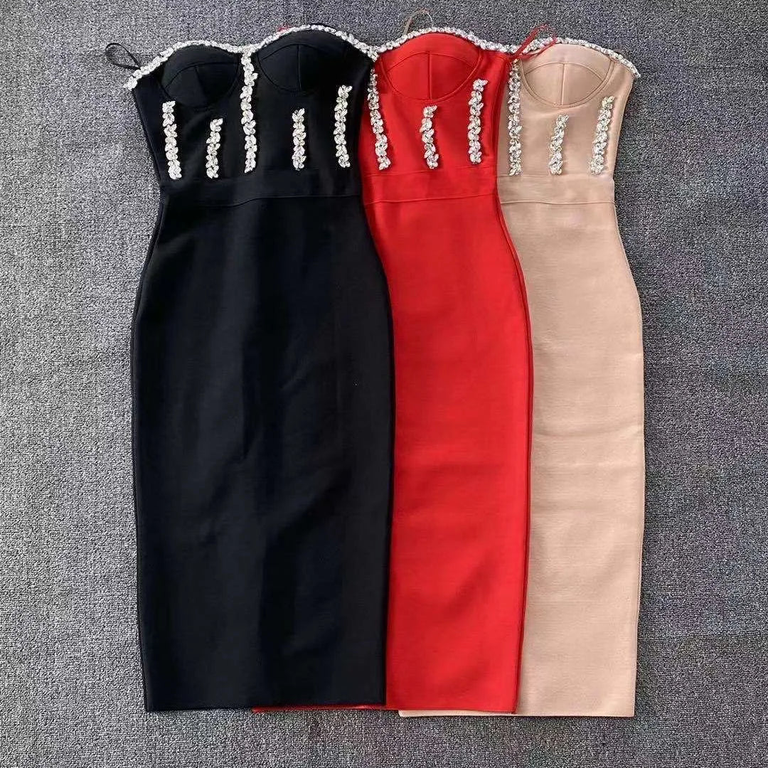 Women Summer Sexy Strapless Backless Beading Midi Black Beige Red Crystal Bandage Dress 2021 Elegant Evening Party Dress Vestido