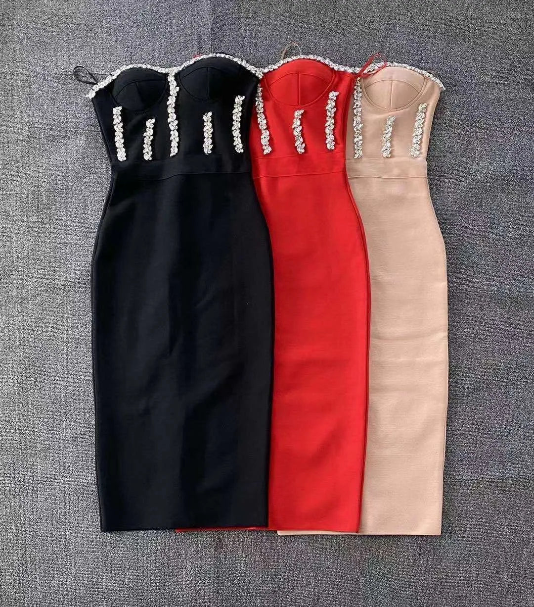 Women Summer Sexy Strapless Backless Beading Midi Black Beige Red Crystal Bandage Dress 2021 Elegant Evening Party Dress Vestido
