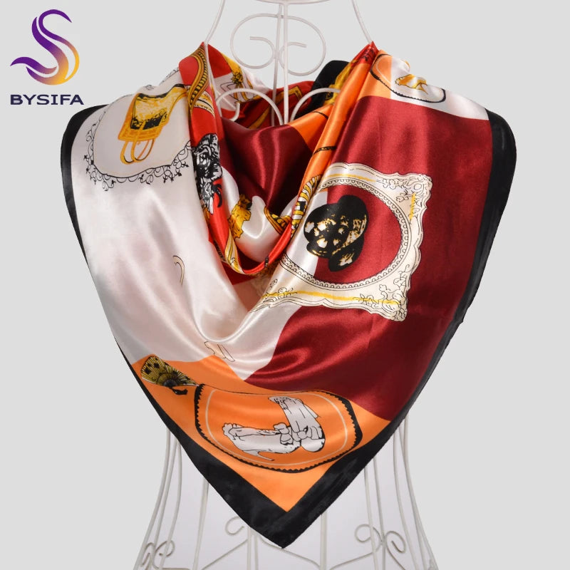 Ladies Green Coffee Square Scarves Printed Women Elegant Satin Large Silk Scarf Shawl 90*90cm Winter Neck Head Scarf