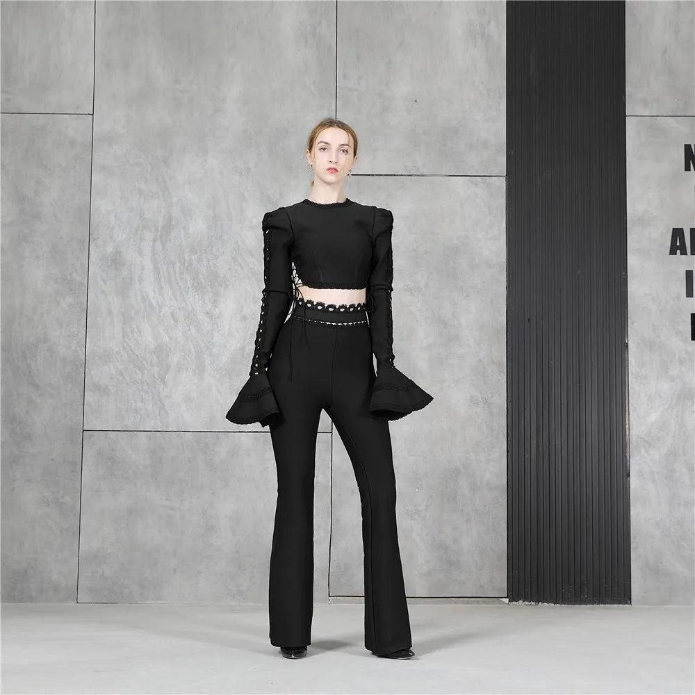 New Women's Bandage Sets Two Piece Set Fashion Wide Leg Long Pants Party Club Sexy Summer 2 Pieces Set Suits black