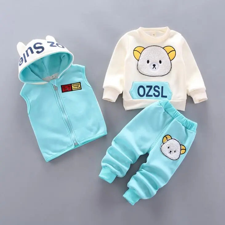 Baby Boys And Girls Clothing Set Tricken Fleece Children Hooded Outerwear Tops Pants 3PCS Outfits Kids Toddler Warm Costume Suit SkyBlue