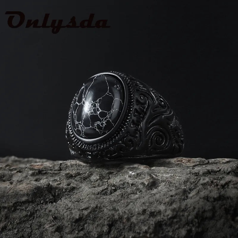 Stainless Steel Jewelry Ring Men Black Stone Rings Trend Charm Fashion Male Women Finger Band Engagement Wedding Gift V024 Us Size