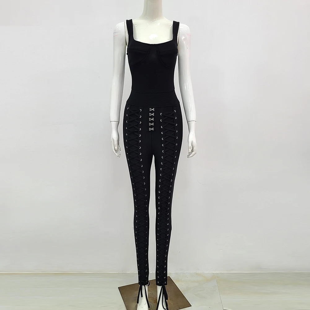 Macacão preto e branco sem mangas com faixa de rayon e coquetel para festa bodycon