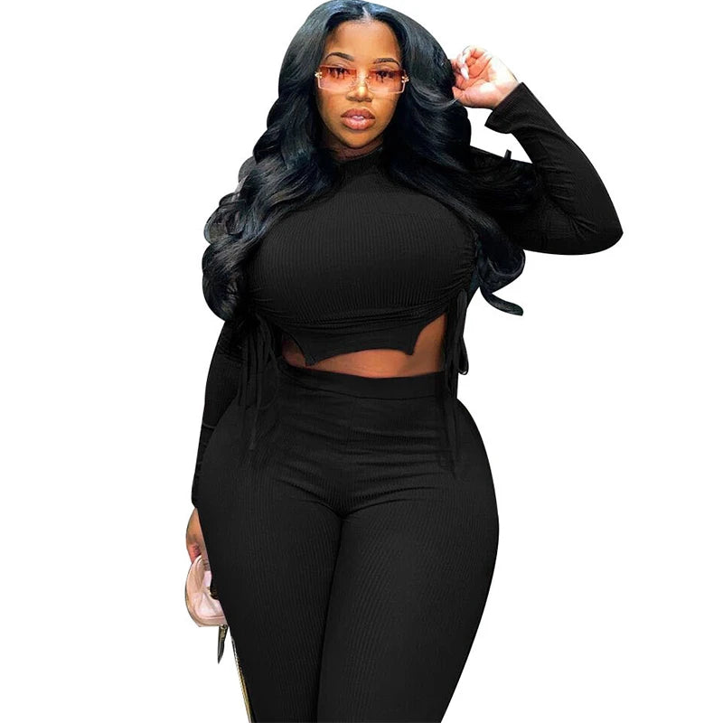 Sexy Plus Size Women Clothing Ribbed Long Sleeve Crop Top and Pants Sets Bodycon Ladies 2 Piece Outfits Wholesale Dropshipping