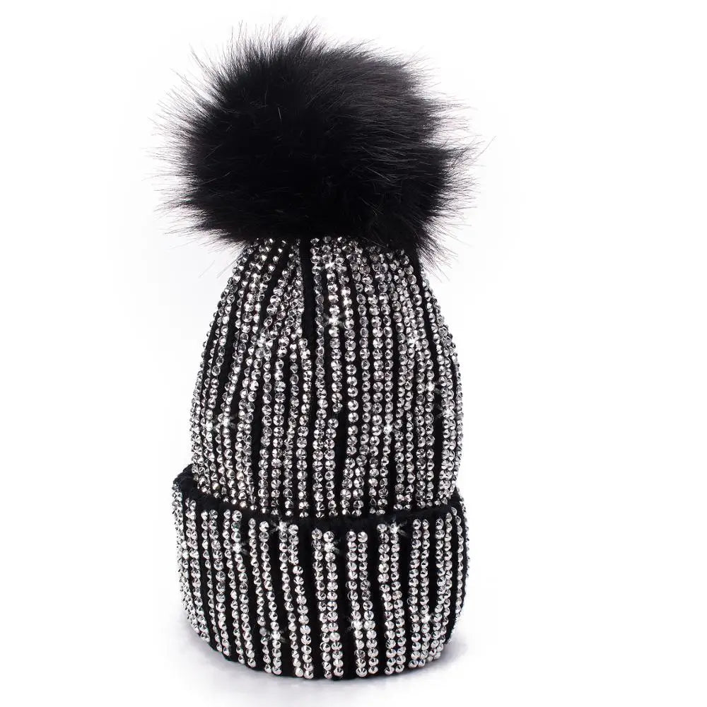 Winter Hats Faux Fur Pom Pom Rhinestone Bling Style Women Beanies Warm Knitted Skull Cap