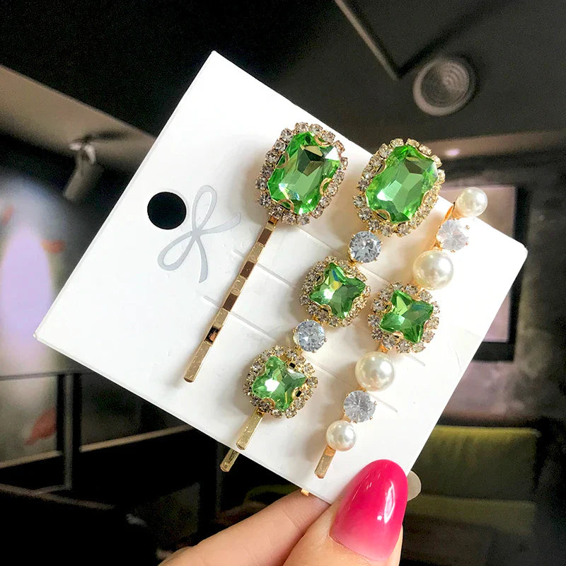 Set Women Hair Clips Jewelry Fashion Crystal Hair Accessories For Girls Luxury Pearl Geometric Barrettes Pins Christmas Gift 3pcs-light green