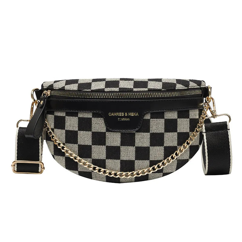 Women Chain Waist Bag PU Leather Fanny Pack Waist Belt Bag for Women Luxury Shoulder Crossbody Chest Purses and Handbag Black cloth D