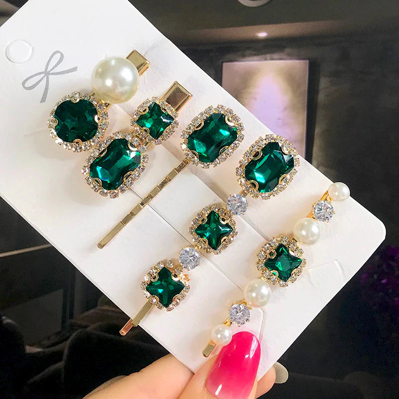 Set Women Hair Clips Jewelry Fashion Crystal Hair Accessories For Girls Luxury Pearl Geometric Barrettes Pins Christmas Gift 5pcs-dark green