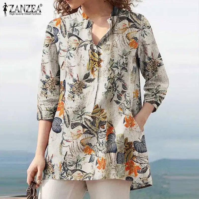 Floral Printed Blouse Oversized Women Casual V Neck 3/4 Sleeve Shirt Retro Maxi Cotton Tops Bohemian Work Female Blusas