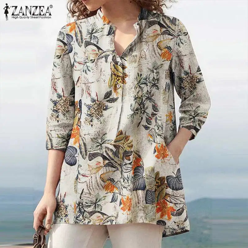 Floral Printed Blouse Oversized Women Casual V Neck 3/4 Sleeve Shirt Retro Maxi Cotton Tops Bohemian Work Female Blusas