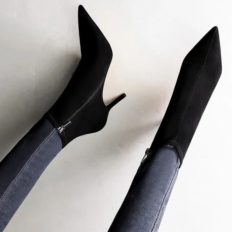 Shoes Suede Women Boots Fashion Women Ankle Boots Pointed Toe High-heel Boots Sexy Black Short Boots Winter Shoes Warm