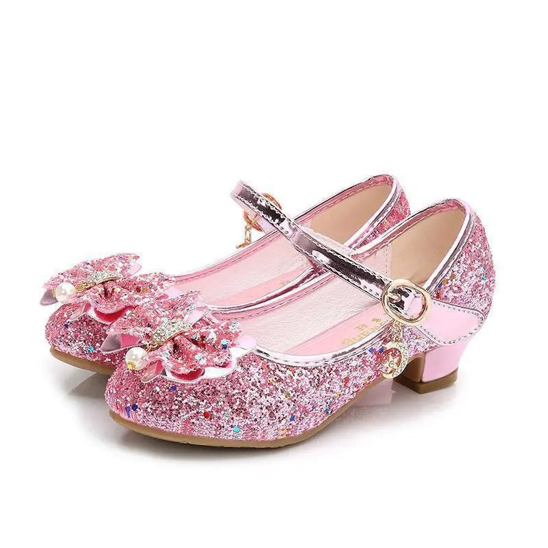 Princess Butterfly Leather Shoes Kids Diamond Bowknot High Heel Children Girl Dance Glitter Shoes Fashion Girls Party Dance Shoe hudie-Pink