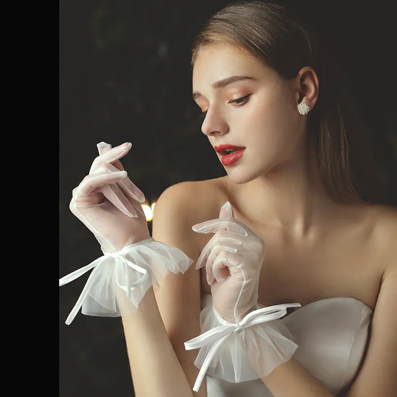 WG020 Elegant Women Wedding Bridal Short White Gloves Breathable Tulle Ribbon Bow Brides Bridesmaid Accessories