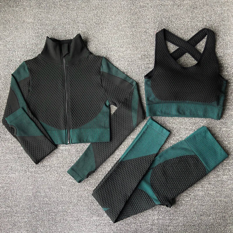 Seamless Women Yoga Sets Female Sport Gym Suits Wear Running Clothes Women Fitness Sport Yoga Suit Long Sleeve Yoga Clothing 3PcsSetDarkgreen