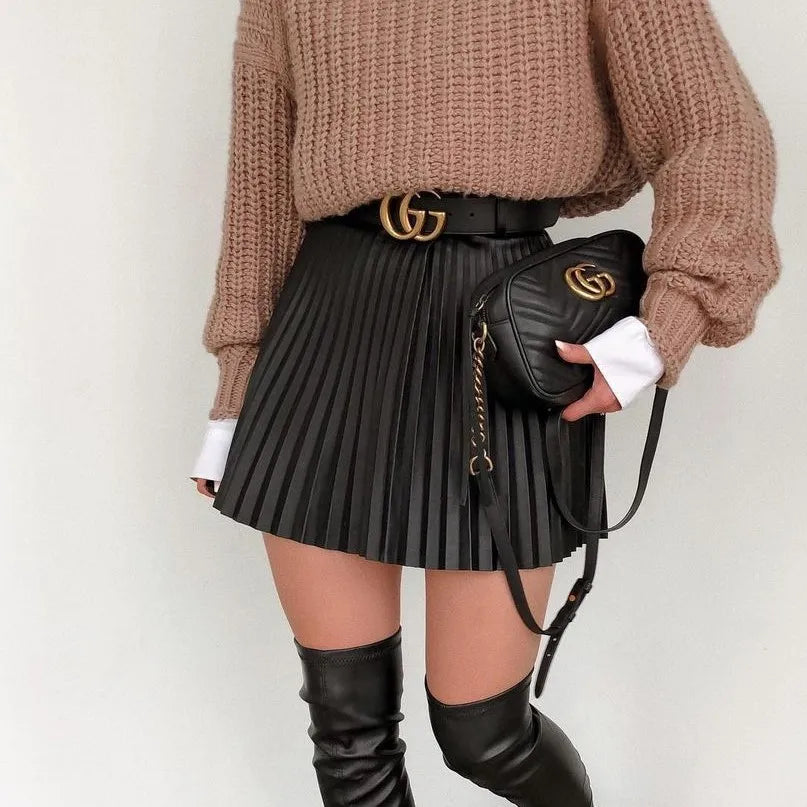 High Waist Pleated Women Skirt A-line Faux Leather Streetwear Female Short Skirt Spring Autumn Party Club SexySkirt Black Skirt