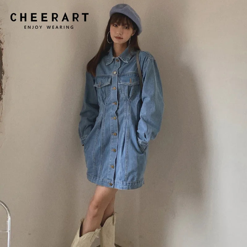 Autumn Denim Dress For Women Long Sleeve Button Up Blue Korean Fashion Collared Mini Jean Dress Clothing XXL