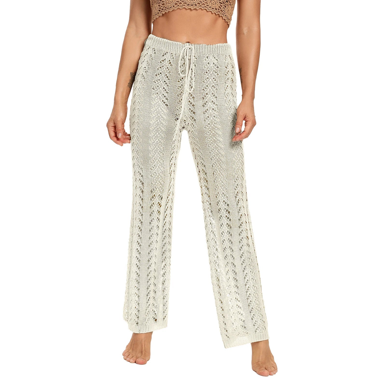 Women Beach Bikini Swim Pants Sexy Bikini Cover Up Sunscreen Nets pant Mesh Tunic Pareo Beachwear Crochet Slim Bikini Top Beige