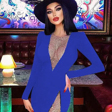 Winter Women Black Beading Long Sleeve Rayon Bandage Sexy Hollow Out Mini Club Celebrity Runway Party Dress