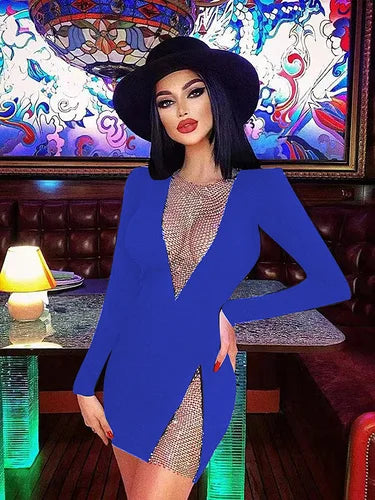 Winter Women Black Beading Long Sleeve Rayon Bandage Sexy Hollow Out Mini Club Celebrity Runway Party Dress