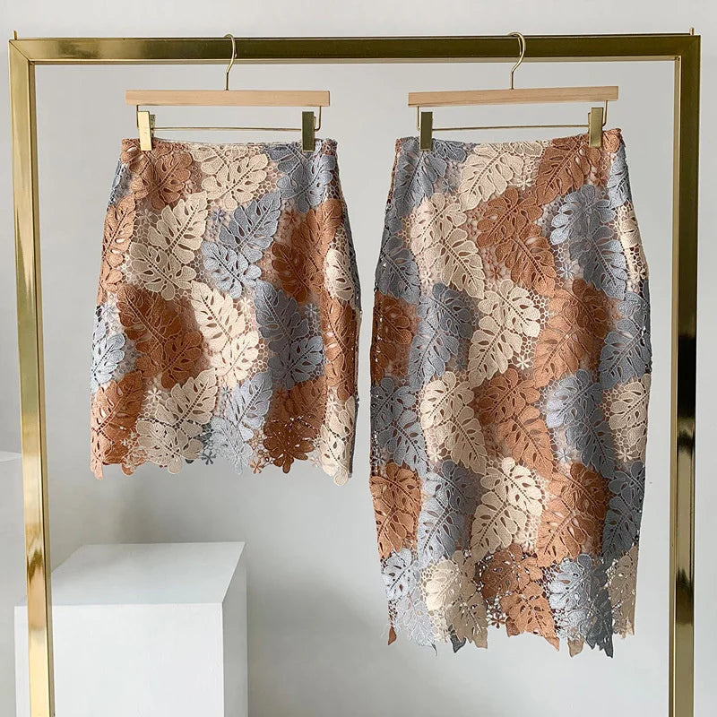 Women Brown Lace Midi Pencil Skirt Bi-material Skirt For Suits With Zipper Long Floral Fashion SKirts Jupe Femme Bi Matiere