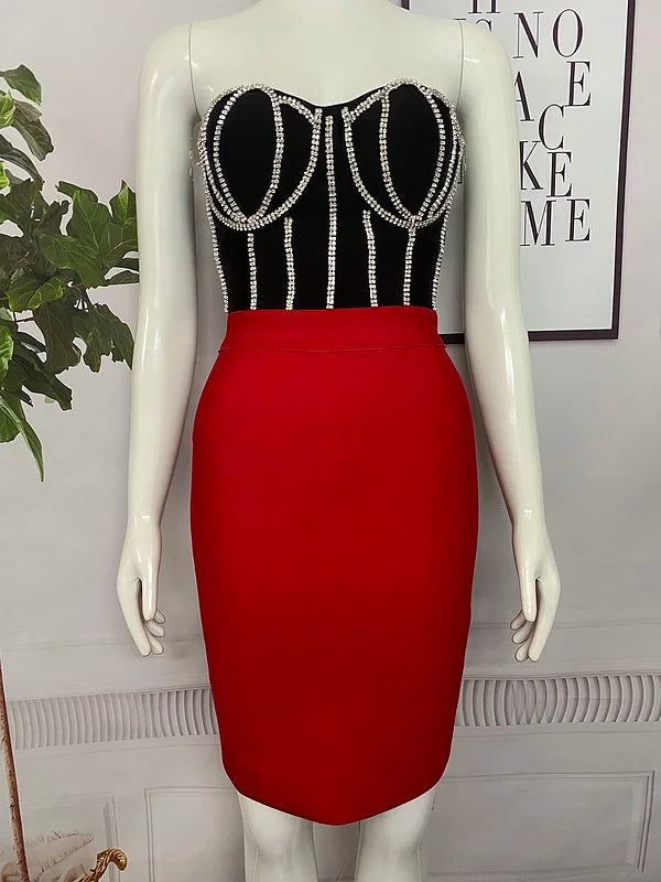 Red Black Ladies HL Bandage Dress Strapless Sexy 2 Pieces Bodycon Mini Dress Off the Shoulder Girls' Birthday Party Dress