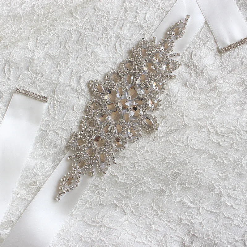 bride belt high-end luxury rhinestone bride satin belt ladies satin belt wedding dress and dress accessories WHITE One Size
