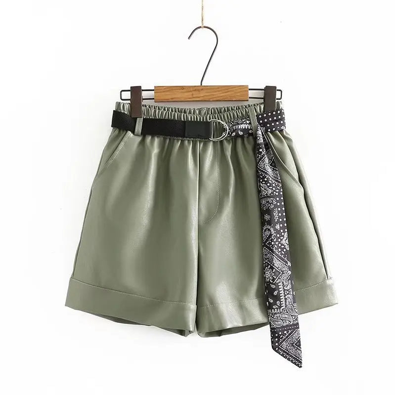 Women Leather Shorts Plus Size Clothing 2021 Winter New Fashion PU Loose Wide Leg Boot Pants With Belt pea-green