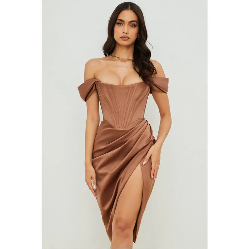 Peling Fashion Evening Dress for Women Off Shoulder Sexy Party Club Dress Split Ruched Bodycon Autumn Robe Wedding Dress Vestido Brown