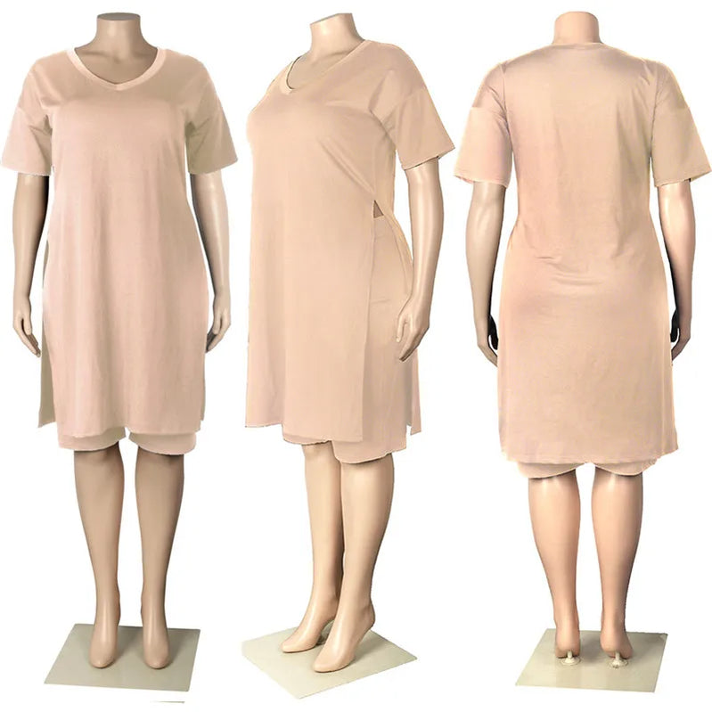 Plus Size Women Clothing Two Piece Set 4xl Summer Wholesale Dropshipping Slip HemTop Shorts Suit Casual Tracksuit Streetwear