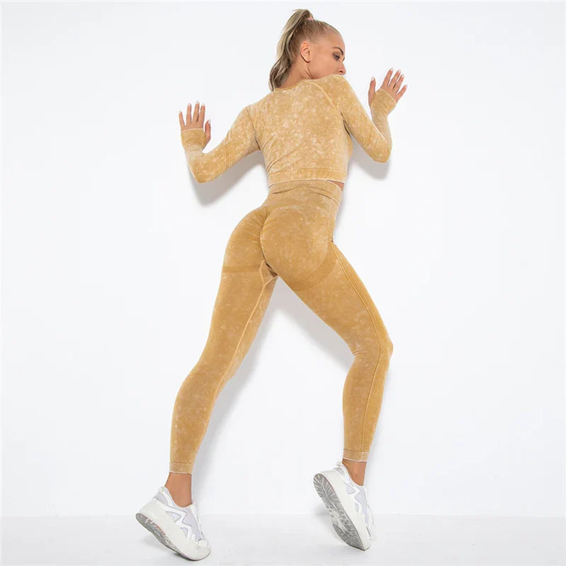 Women Seamless Yoga Set Fitness Sports Suits Gym Clothing Long Sleeve Crop Top Shirts High Waist Running Leggings Workout Pants Yellow 2pcs