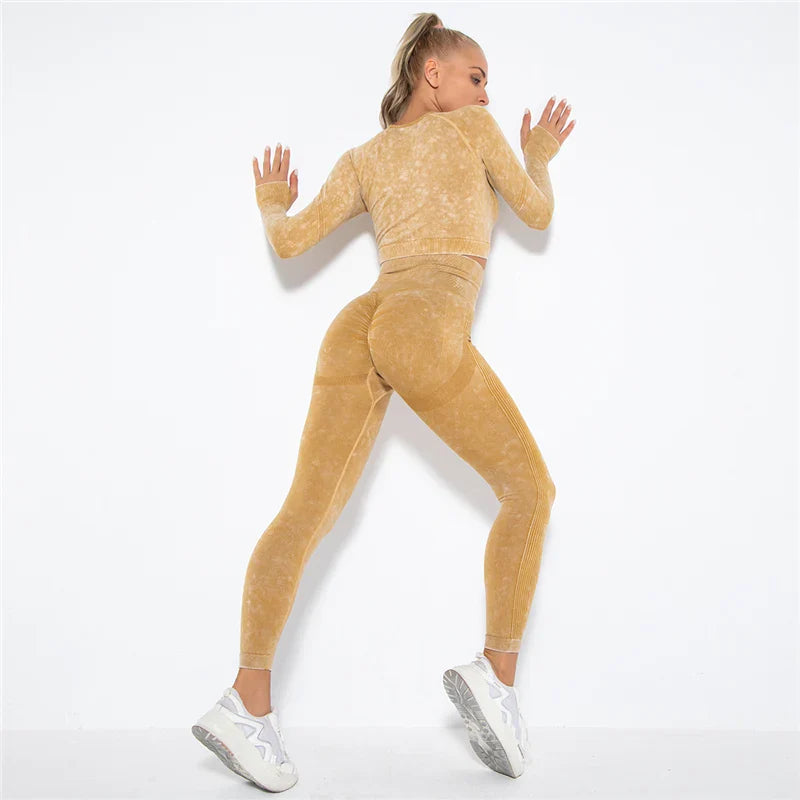 Women Seamless Yoga Set Fitness Sports Suits Gym Clothing Long Sleeve Crop Top Shirts High Waist Running Leggings Workout Pants Yellow 2pcs