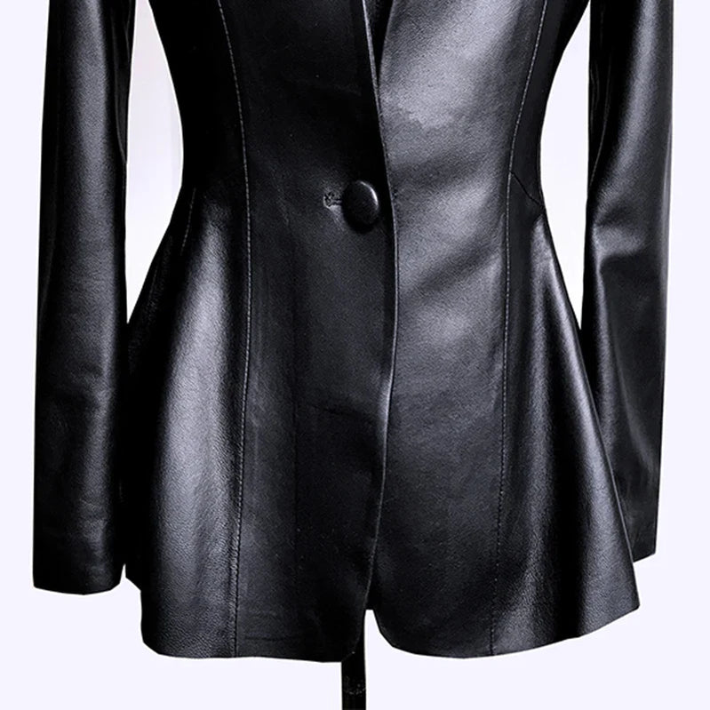 Autumn Black Slim Soft Pu Leather Jacket Women Deep V Neck Long Puff Sleeve Elegant Luxury Skirted Blazer Fashion 2021