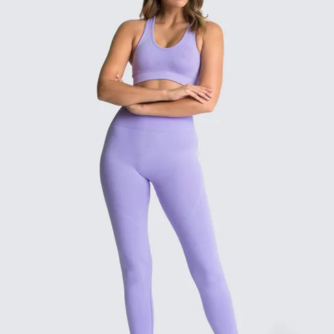 2pcs seamless hyperflex workout sport outfits for women sportswear athletic clothes gym Long Sleeve Crop Top High Waist Leggings lavender Purple set
