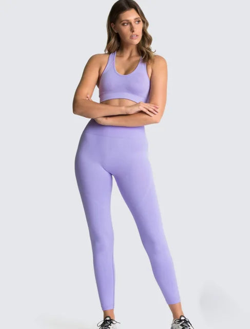 2pcs seamless hyperflex workout sport outfits for women sportswear athletic clothes gym Long Sleeve Crop Top High Waist Leggings lavender Purple set